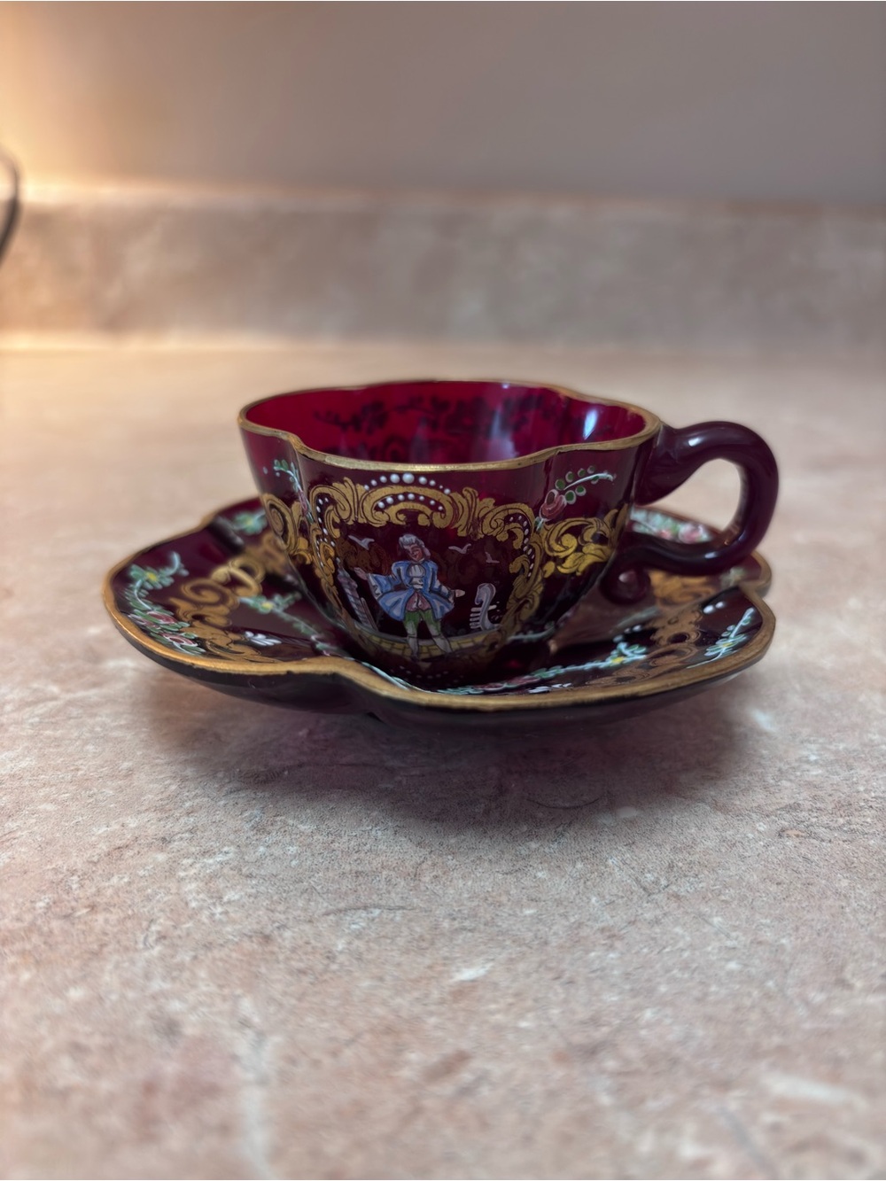 Antique Bohemian Glass Ruby Red Demitasse Cup + Saucer Set Mosier Style